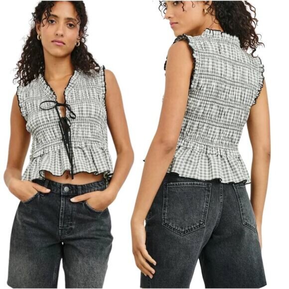 NWT Rails Martine Front Tie Peplum Vneck Sleeveless Blouse Ivory Jet Size: Small - Picture 1 of 8